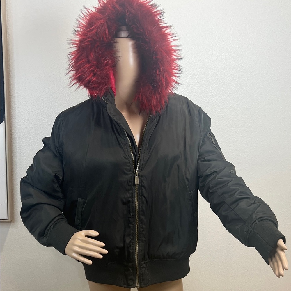 New York & Company Bomber Jacket with Red Fur Trim